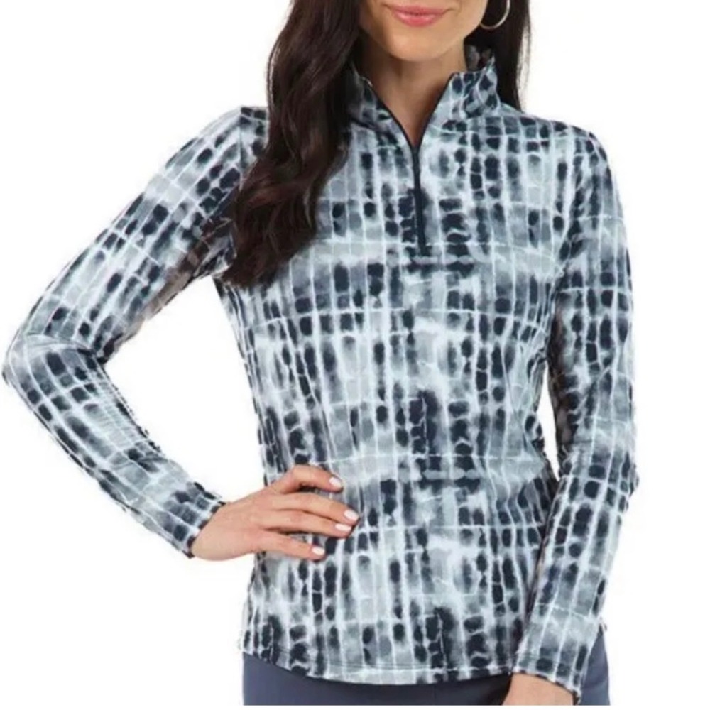 IBKUL Rue Print long-sleeve mock neck top 1/4 zip XL black white UPF 50+ golf